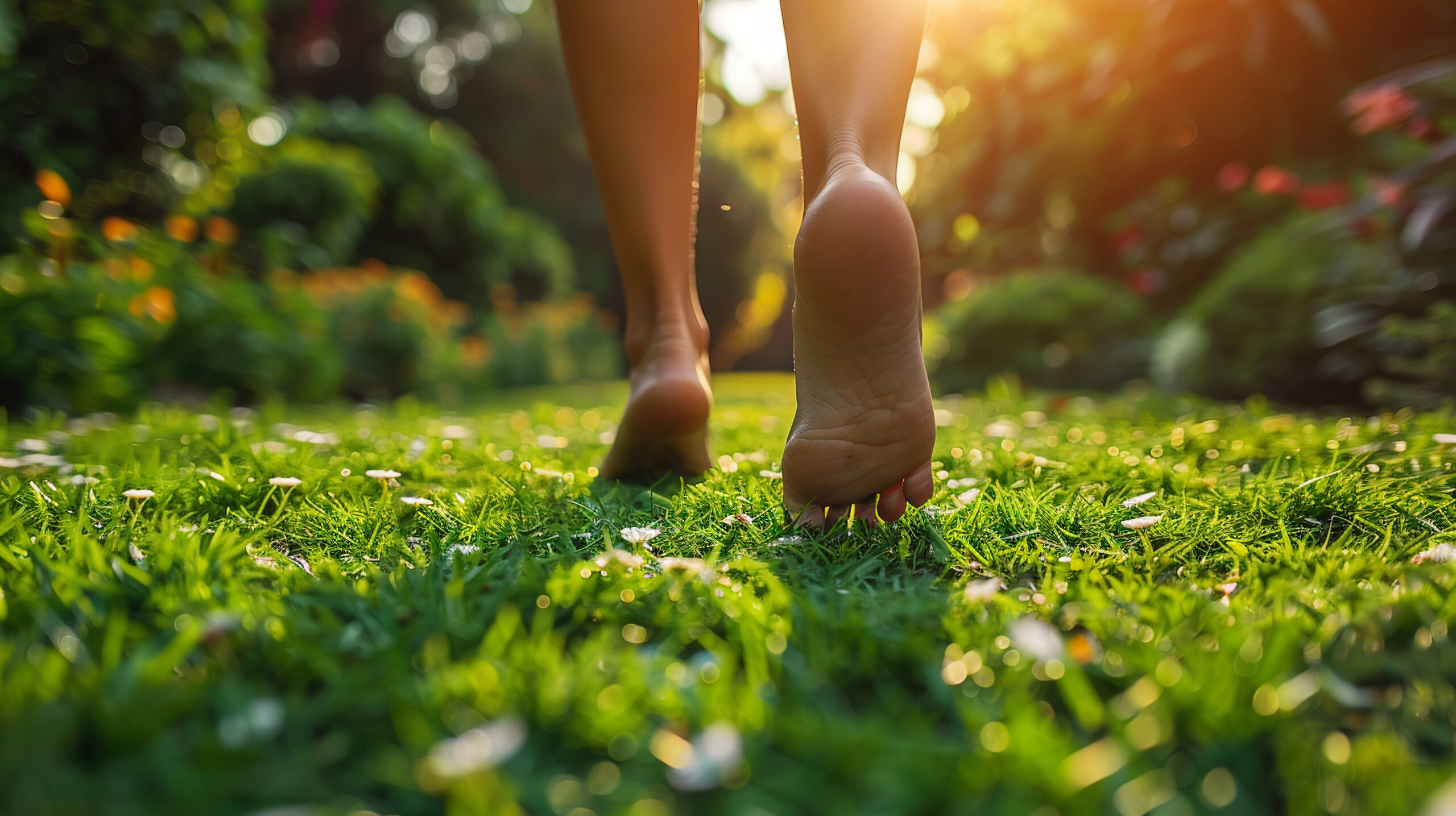 close up back view of a woman bare feet walking on the grass